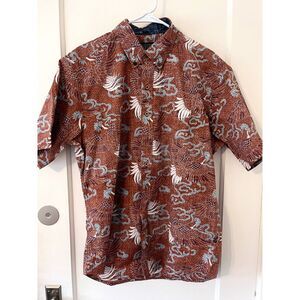 Mens Reyn Spooner Burnt Orange Japanese Cloud Print Hawaiian Tee Shirt Sz Large